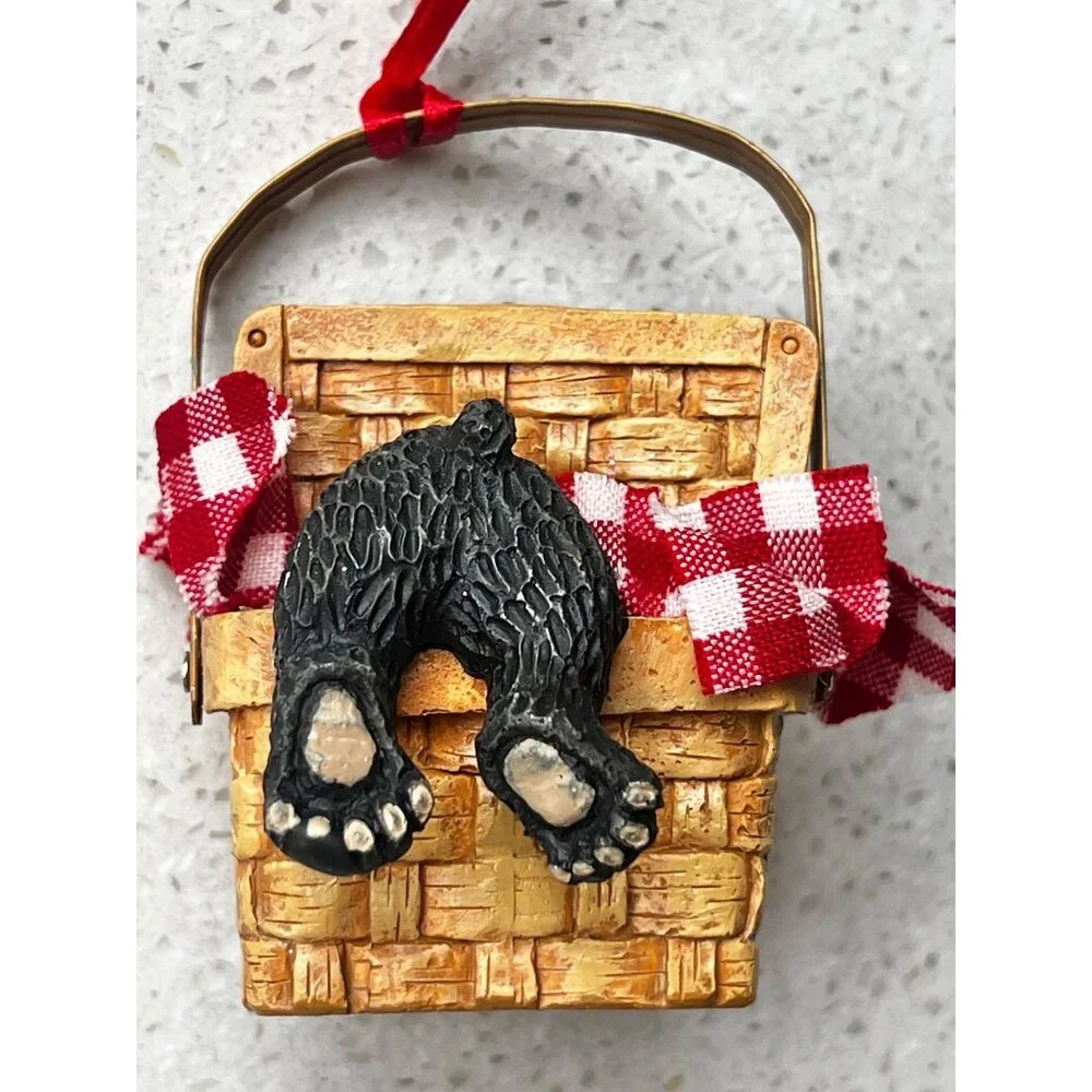 Black Bear In Basket Christmas Ornament With Red Ribbon By KSA Inc. NIB - Picture 4 of 10